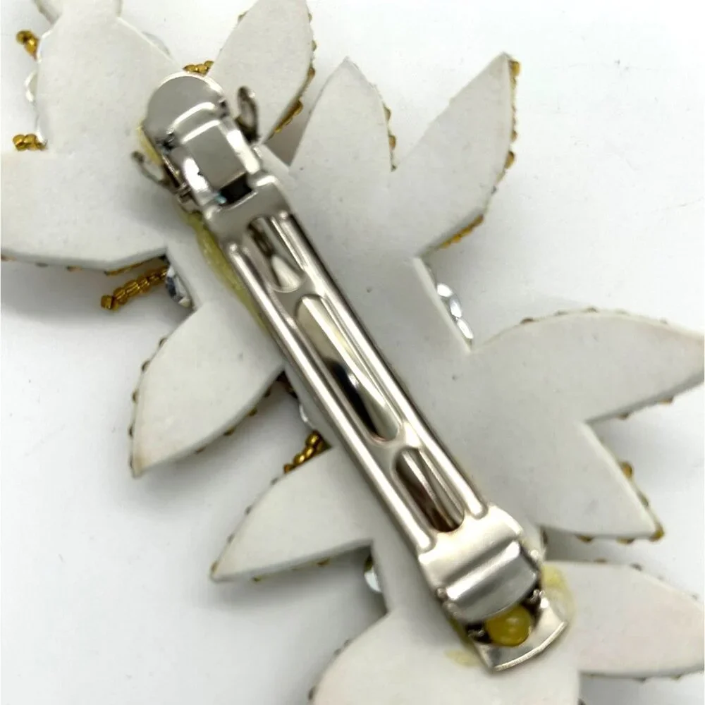 Floral Hair Barrette Bridal Prom Formal Gold-Tone Beaded & Silvertone Sequin - Picture 6 of 10